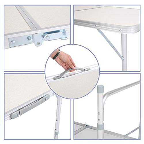 Aluminum Folding Table 4 Foot, Adjustable Height Lightweight Portable Camping Table for Picnic Beach Outdoor Indoor, White 120 x 60 x 70 4Ft J364193