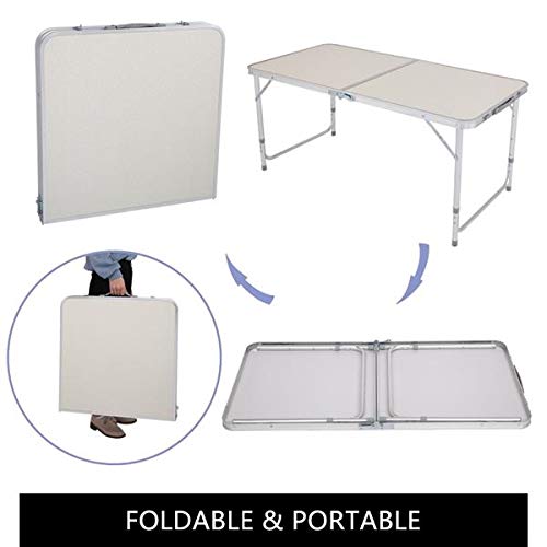 Aluminum Folding Table 4 Foot, Adjustable Height Lightweight Portable Camping Table for Picnic Beach Outdoor Indoor, White 120 x 60 x 70 4Ft J364193