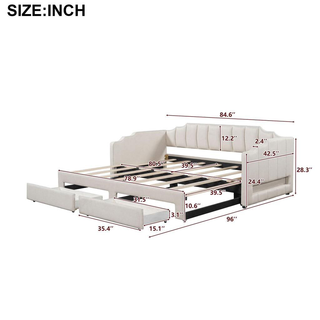 Twin XL Upholstered Daybed with Trundle and 2 Drawers J396953