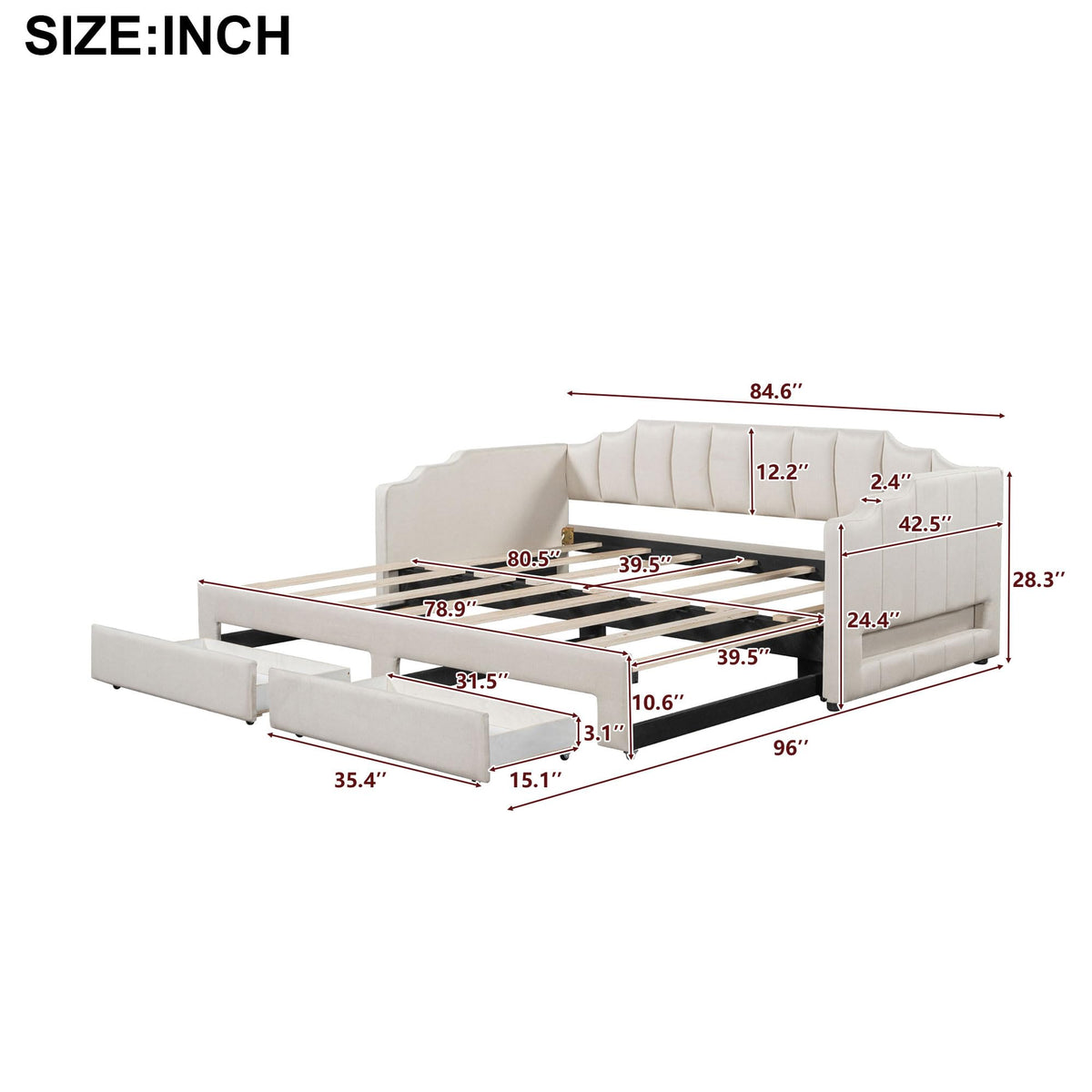 Twin XL Upholstered Daybed with Trundle and 2 Drawers J396953