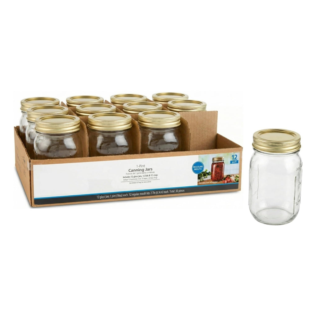 16 oz Regular Mouth Glass Canning Jars with Lids and Rings, 12-Pack M55124