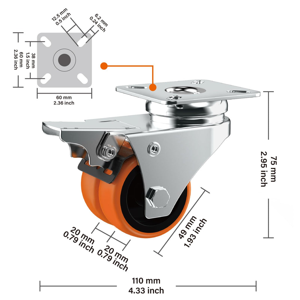 2" Double Wheel Casters with Brake 4 Pack Q854
