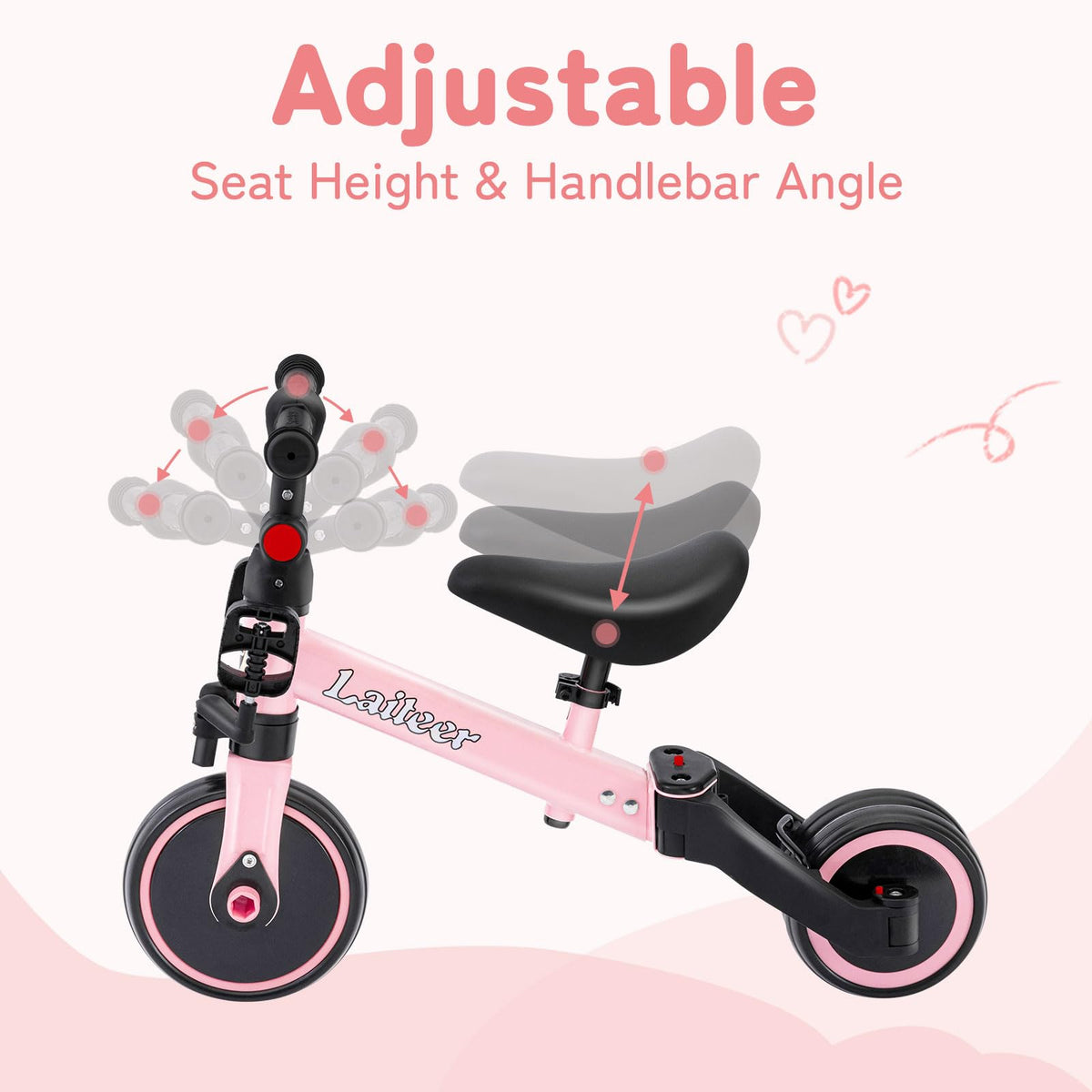 Folding Kids Tricycle with Adjustable Seat & Removable Pedal, Pink B96189