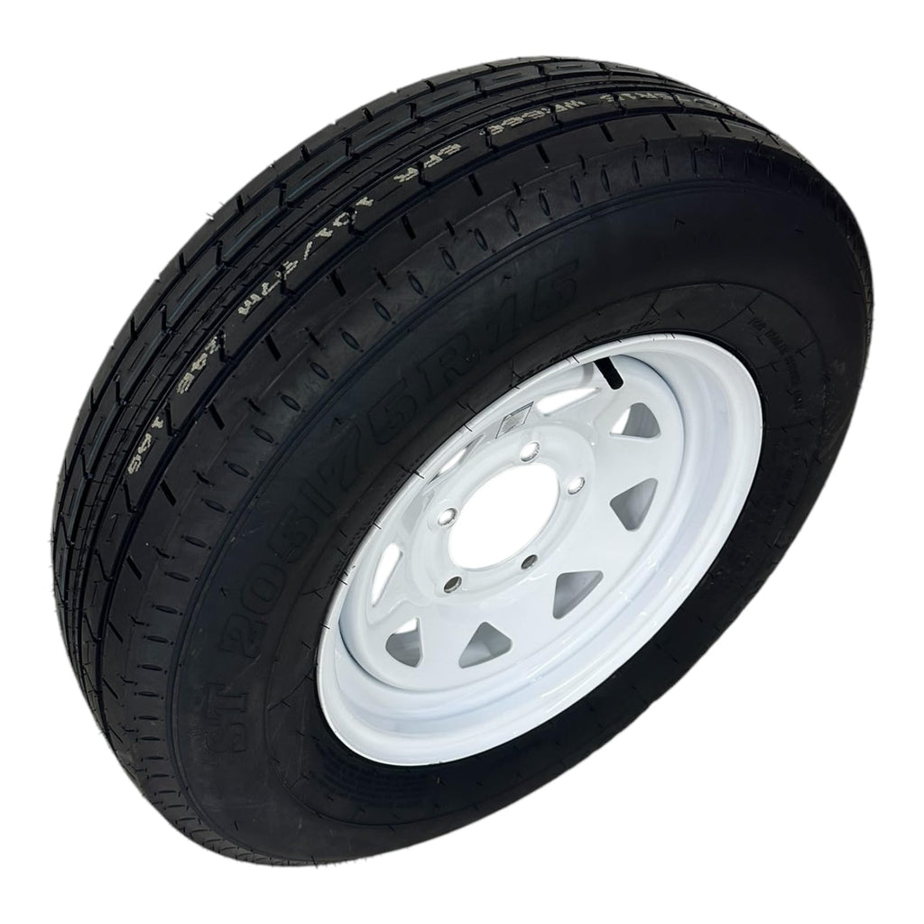 ST205/75R15 Trailer Tire on Rim Load Range C 6 Ply 5 Lug White Spoke Wheel F95217