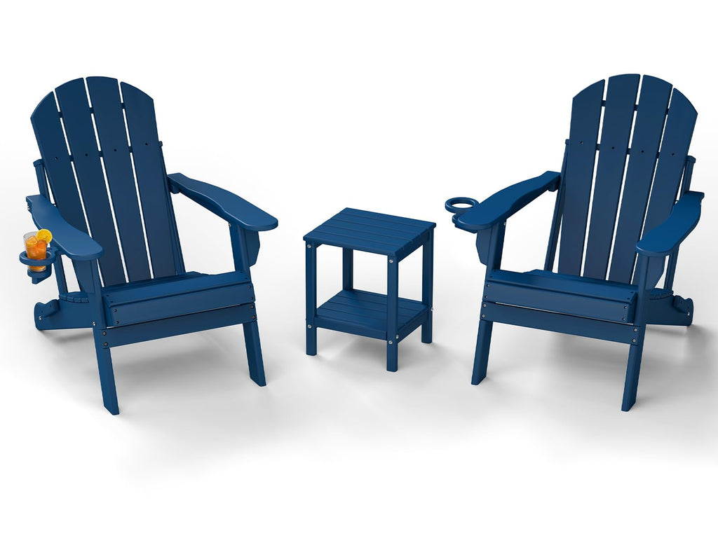 Blue 3-Piece Folding Adirondack Chair Set with Side Table HDPE Y7962