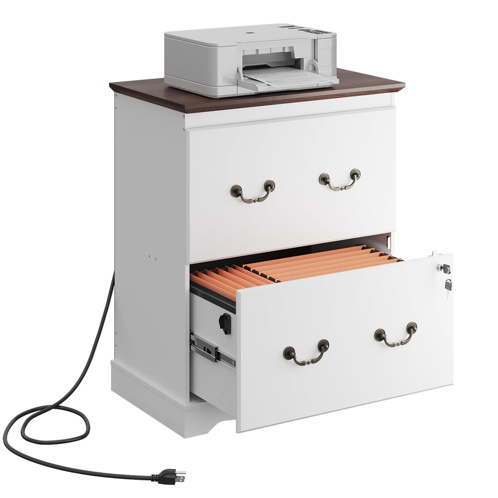 White 2 Drawer Wood File Cabinet with Charging Station and Lock D393