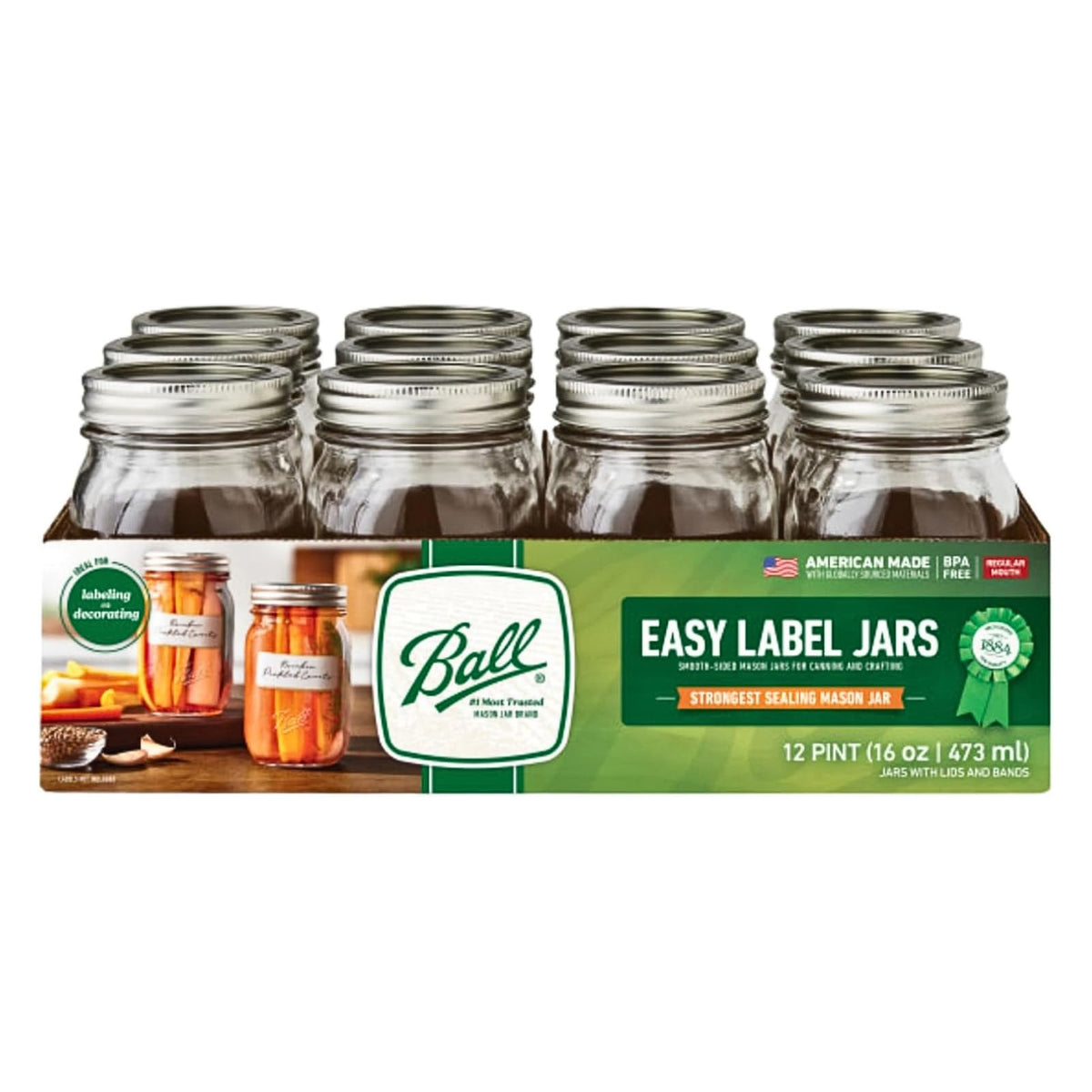 Regular Mouth Glass Mason Jars with Lids and Bands, Pint Size 16 Ounce (Pack of 12) G2965