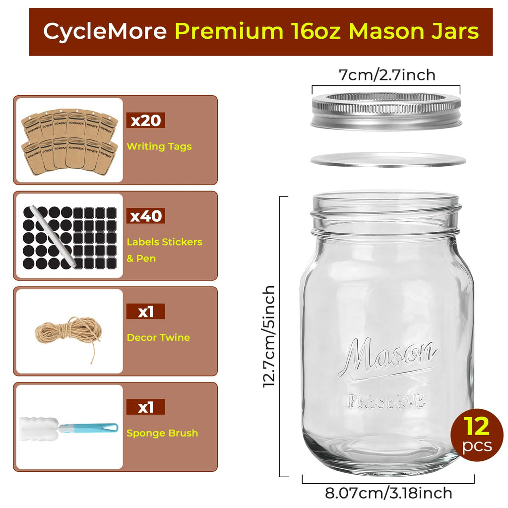 16oz 12 Pack Mason Jars with Airtight Lids E5345