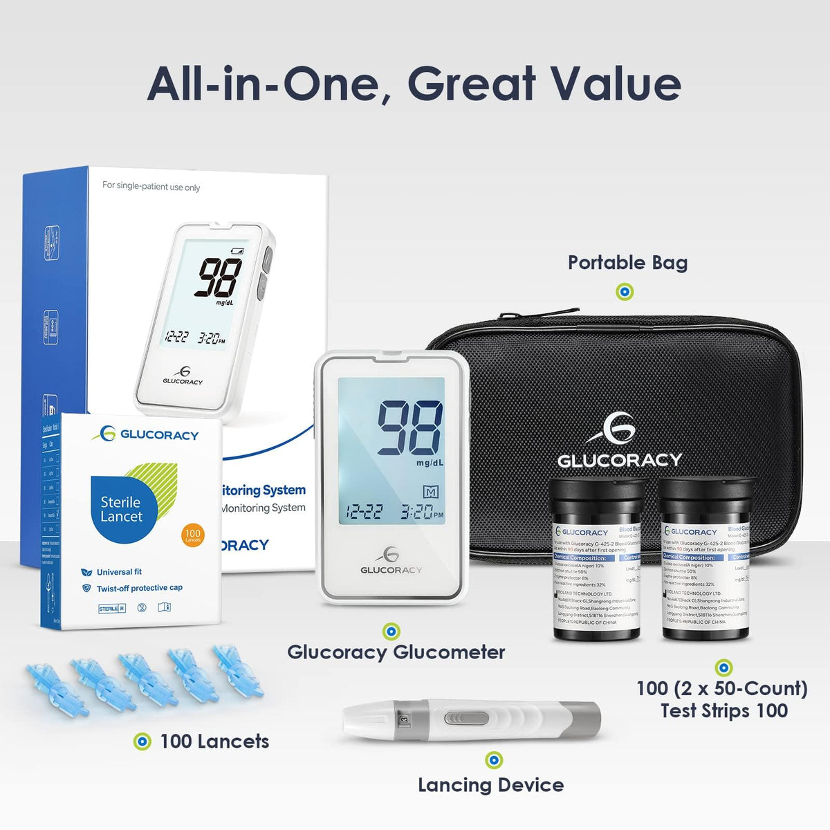 Blood Glucose Monitor Kit with 100 Test Strips D166