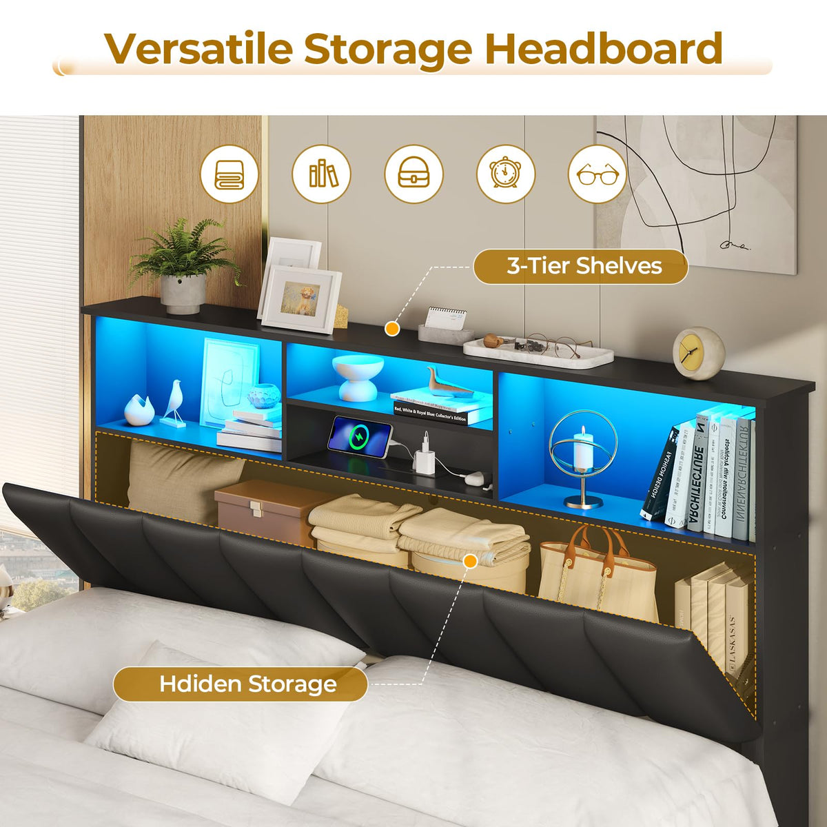 Black Full Size Wood Bed Frame with Bookcase Headboard and 4 Storage Drawers S59049