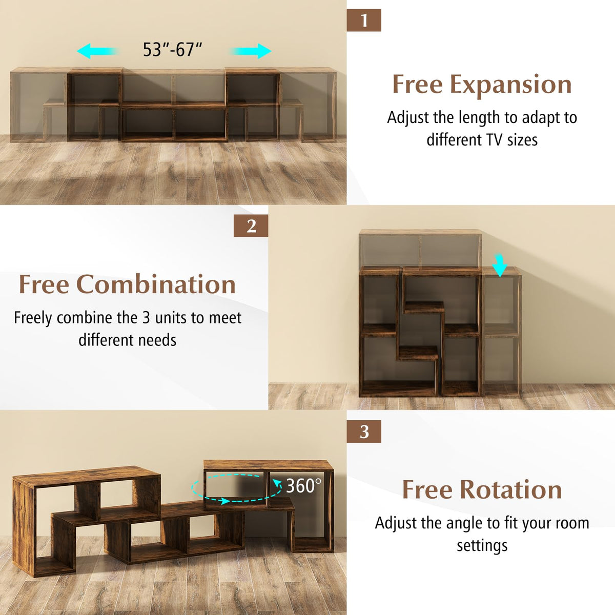 Brown 3-Piece TV Stand with Storage Cubes M3239