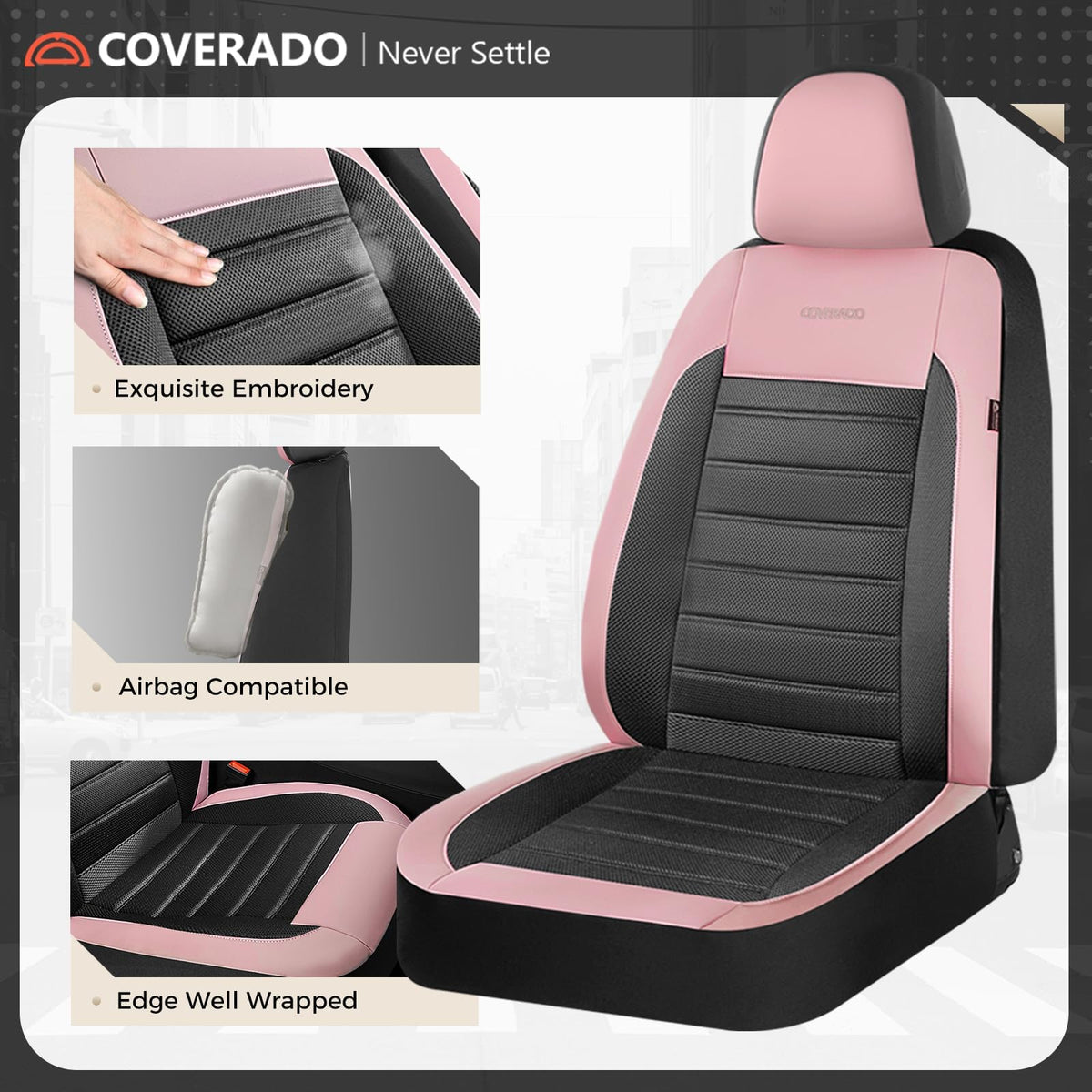 Pink Black Leather Car Seat Covers Full Set 5 Seats S748