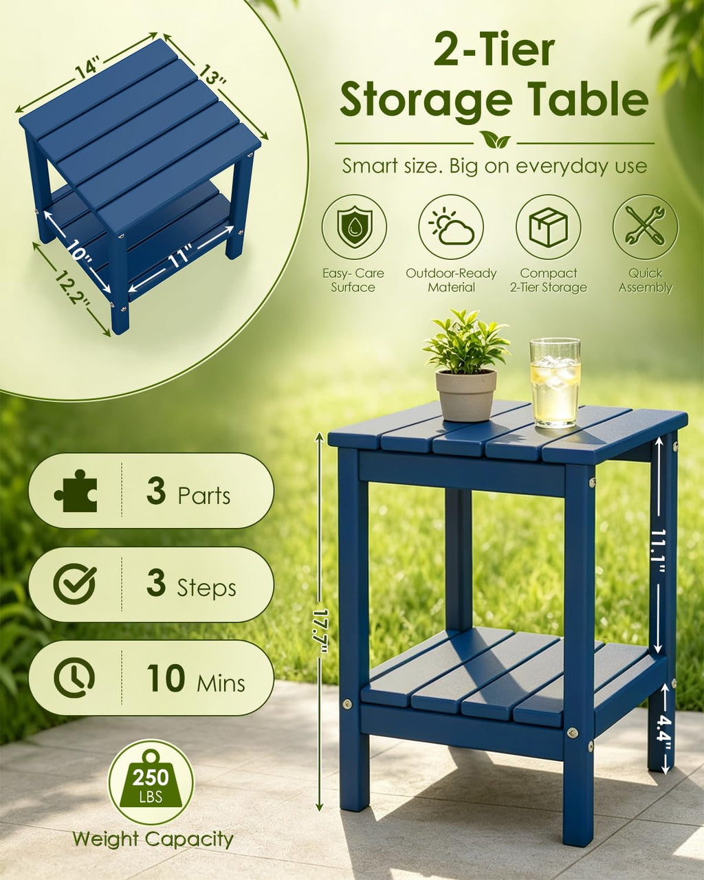 Blue 3-Piece Folding Adirondack Chair Set with Side Table HDPE Y7962