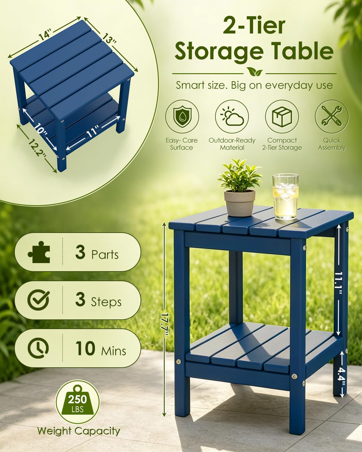 Blue 3-Piece Folding Adirondack Chair Set with Side Table HDPE Y7962