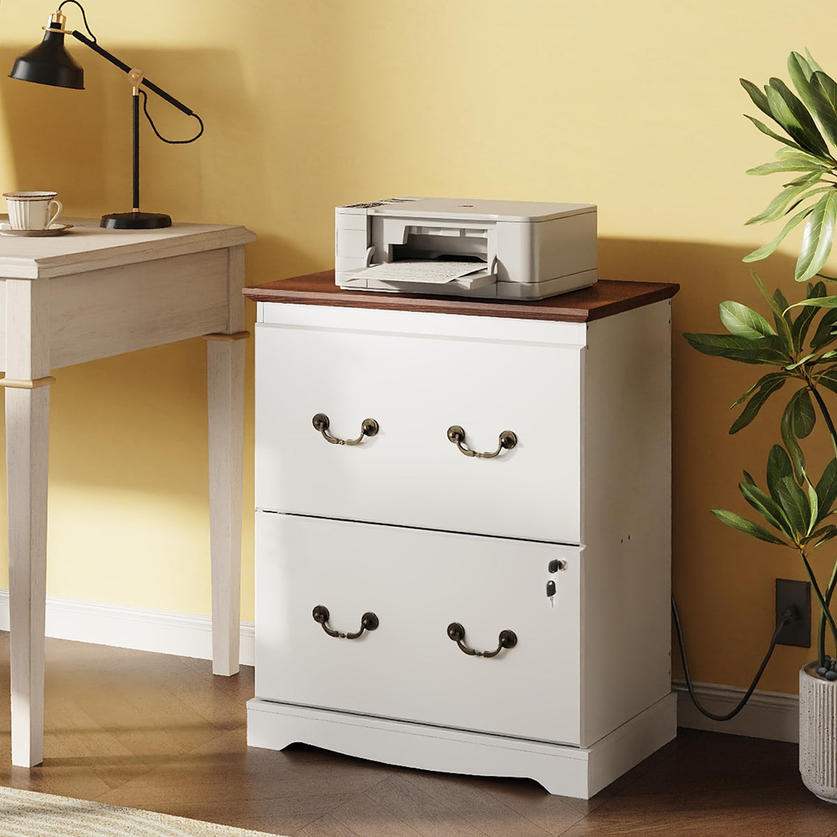 White 2 Drawer Wood File Cabinet with Charging Station and Lock D393