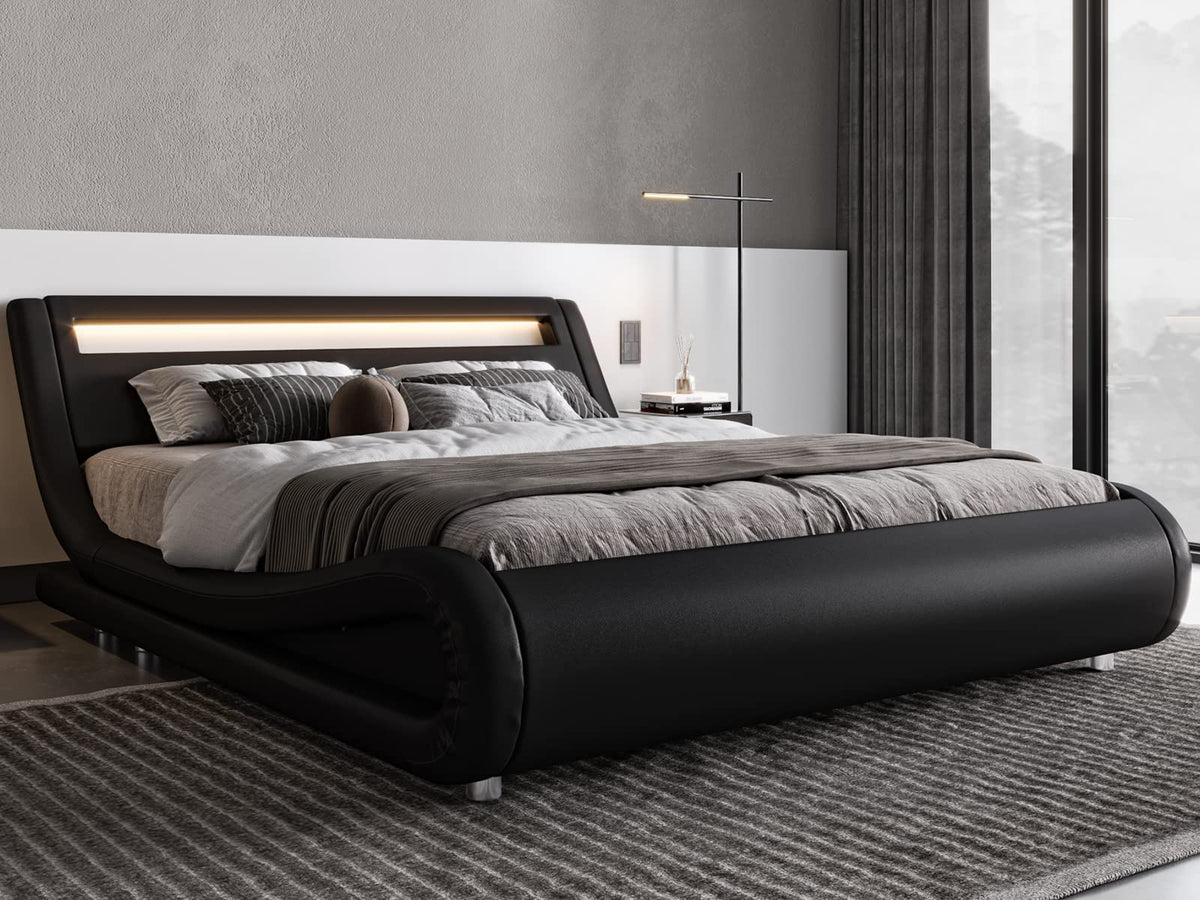 Queen Size LED Platform Bed Frame with Adjustable Headboard, Black G410