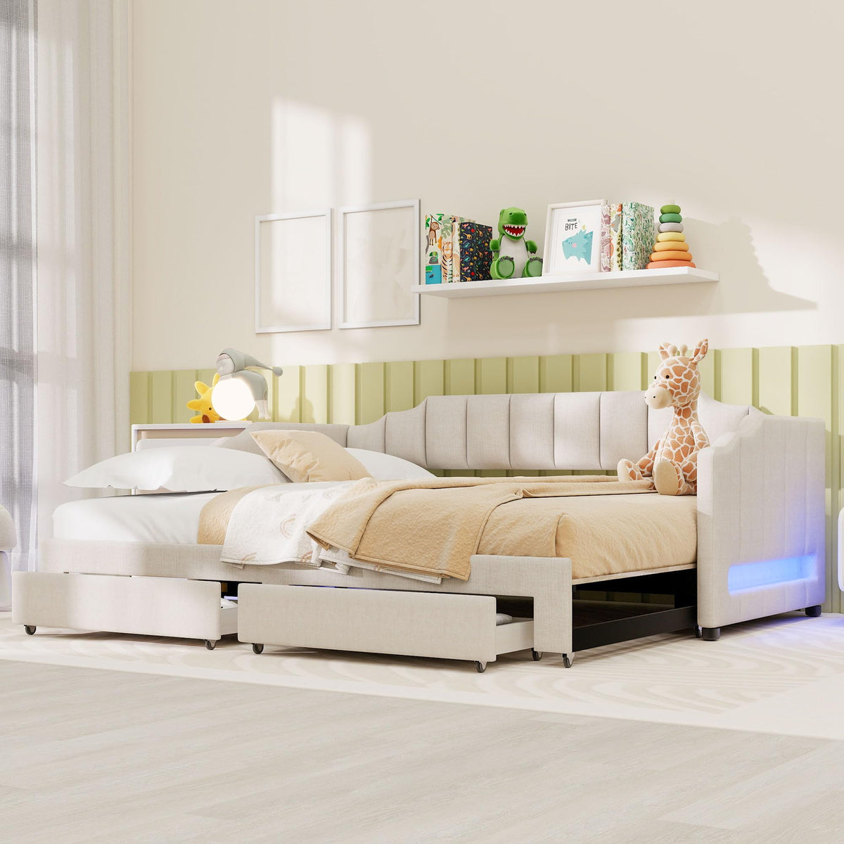 Twin XL Upholstered Daybed with Trundle and 2 Drawers J396953