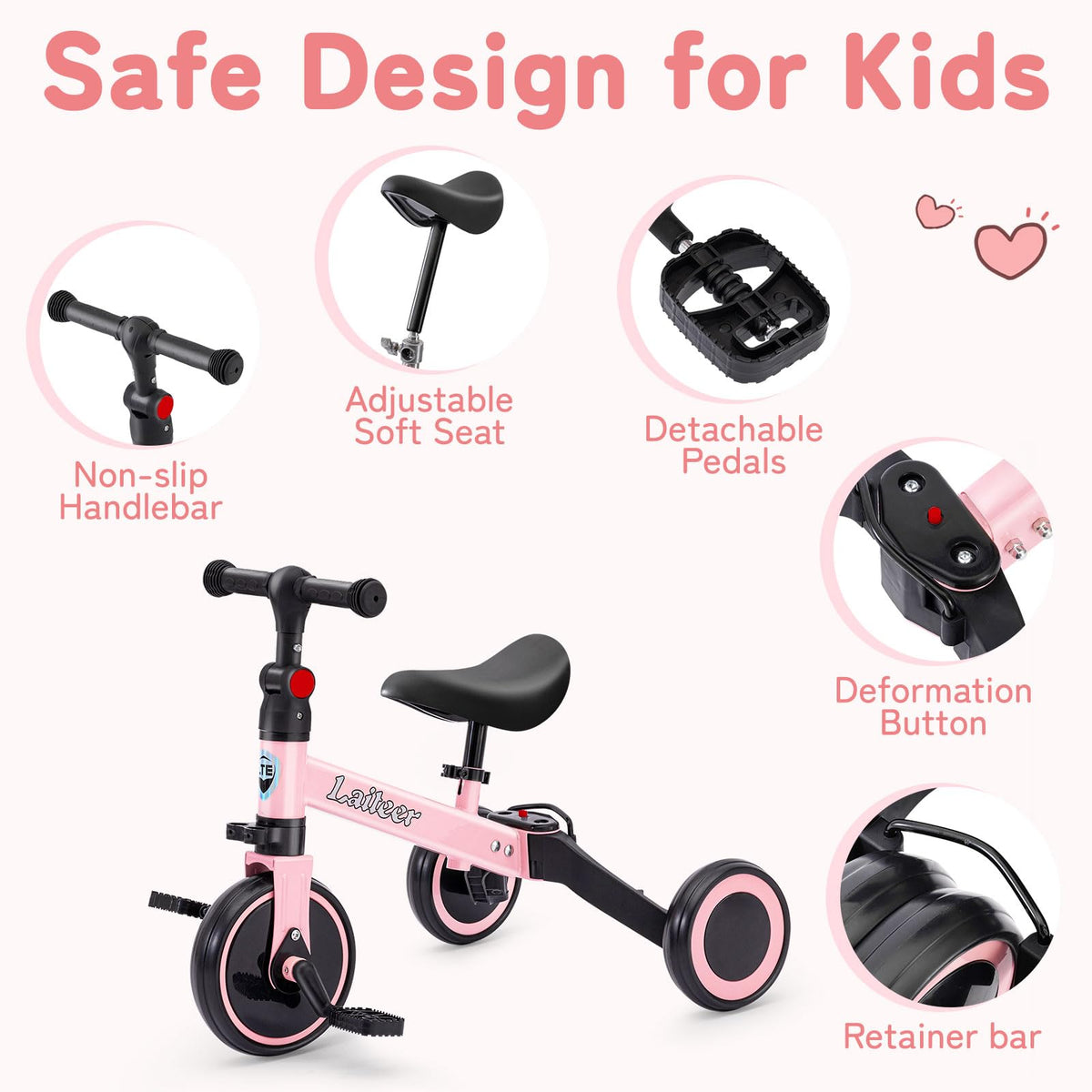 Folding Kids Tricycle with Adjustable Seat & Removable Pedal, Pink B96189