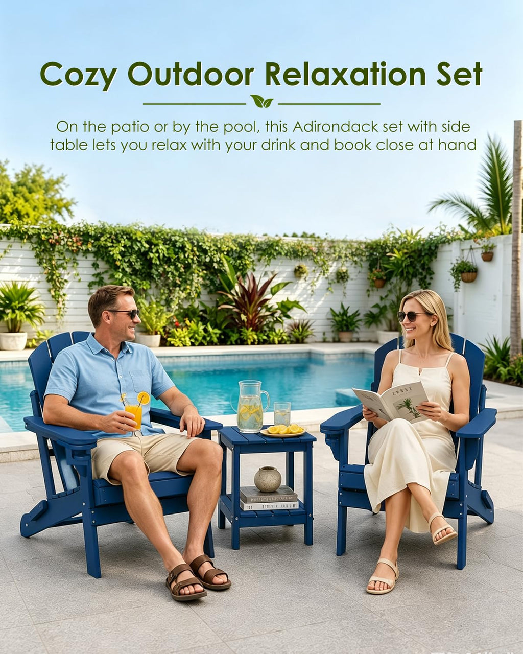 Blue 3-Piece Folding Adirondack Chair Set with Side Table HDPE Y7962