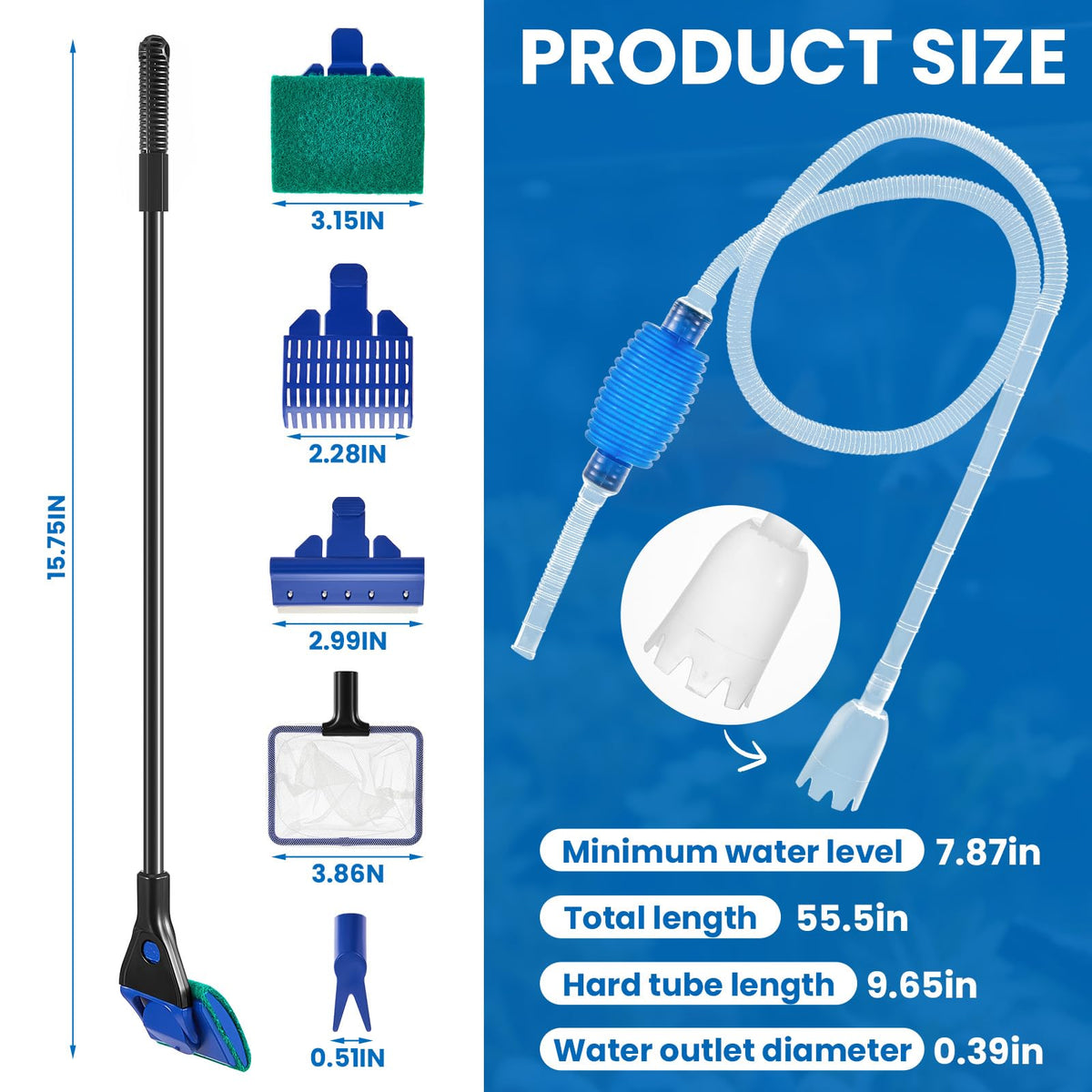 Aquarium Fish Tank Cleaning Tool Kit 4 Pcs Long Aquascape Tools Magnetic Glass Cleaner Brush 5 in 1 Gravel Cleaner and Siphon Vacuum G778