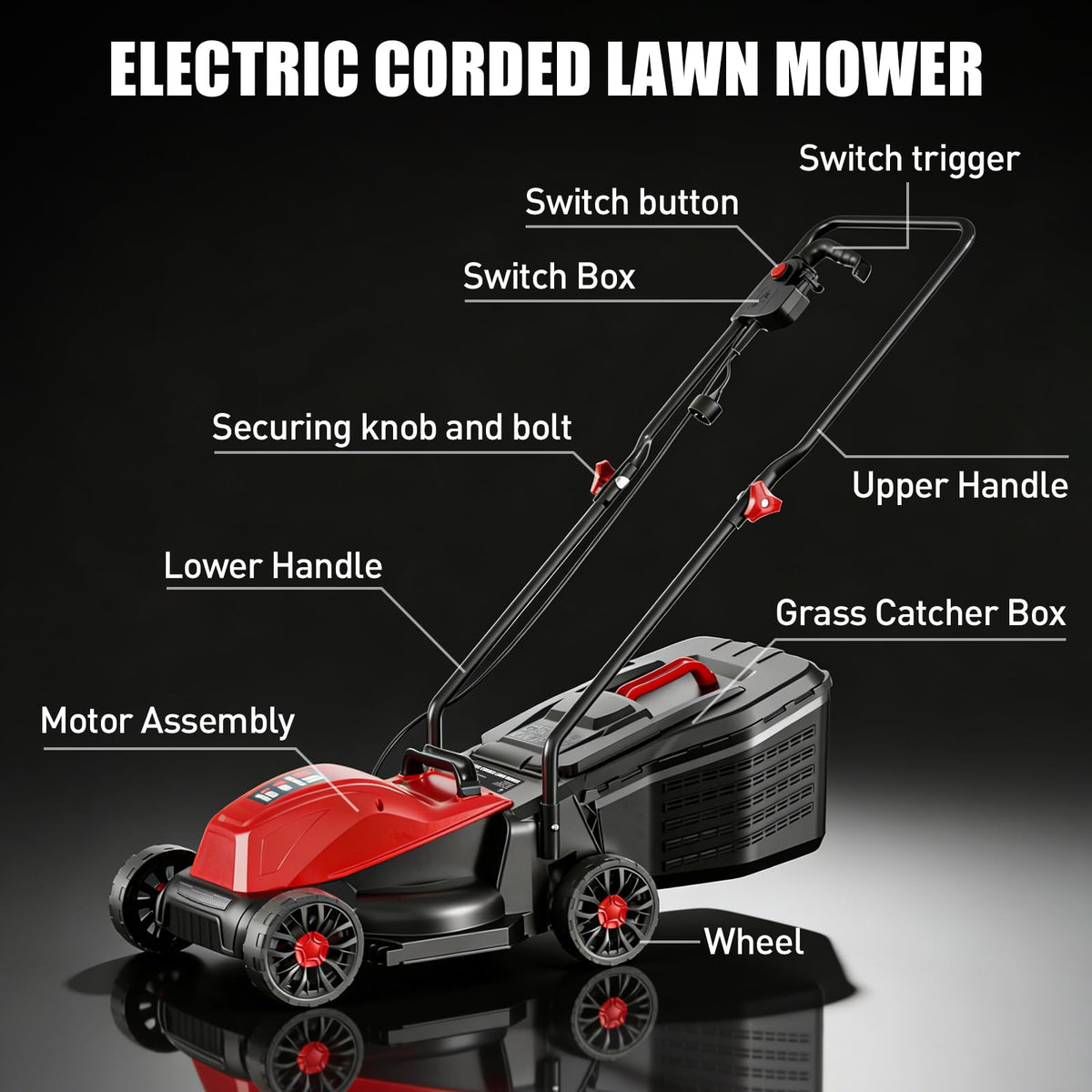 14" Corded Lawn Mower, 3-Height, 2-in-1 Mulch & Bag H671