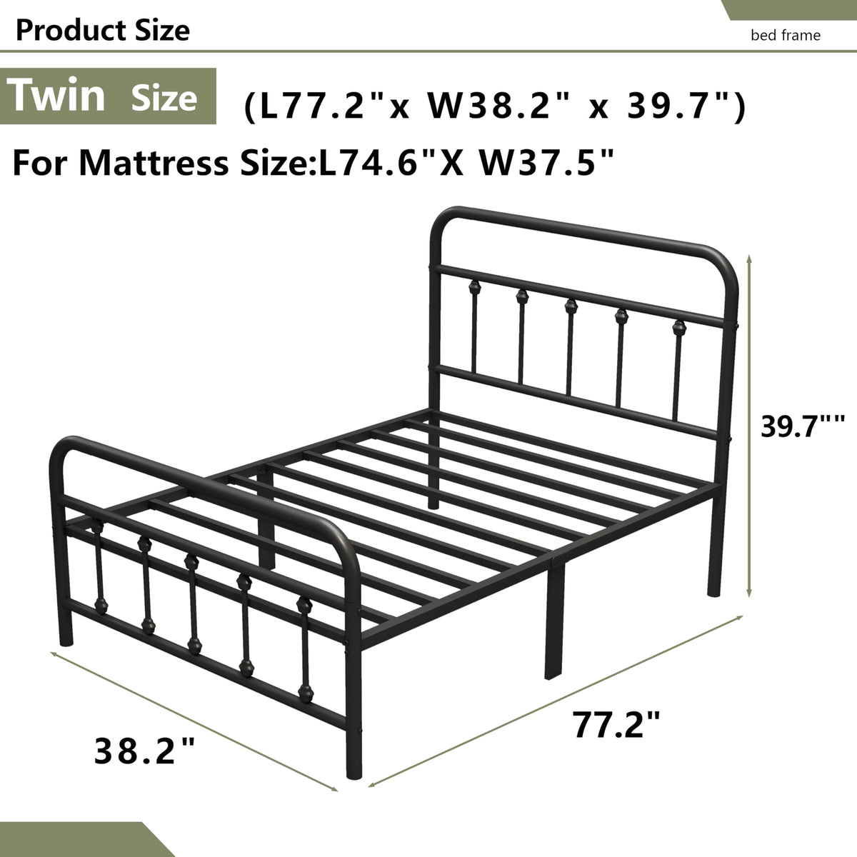 Black Twin Size Metal Bed Frame with Storage Space Y3457