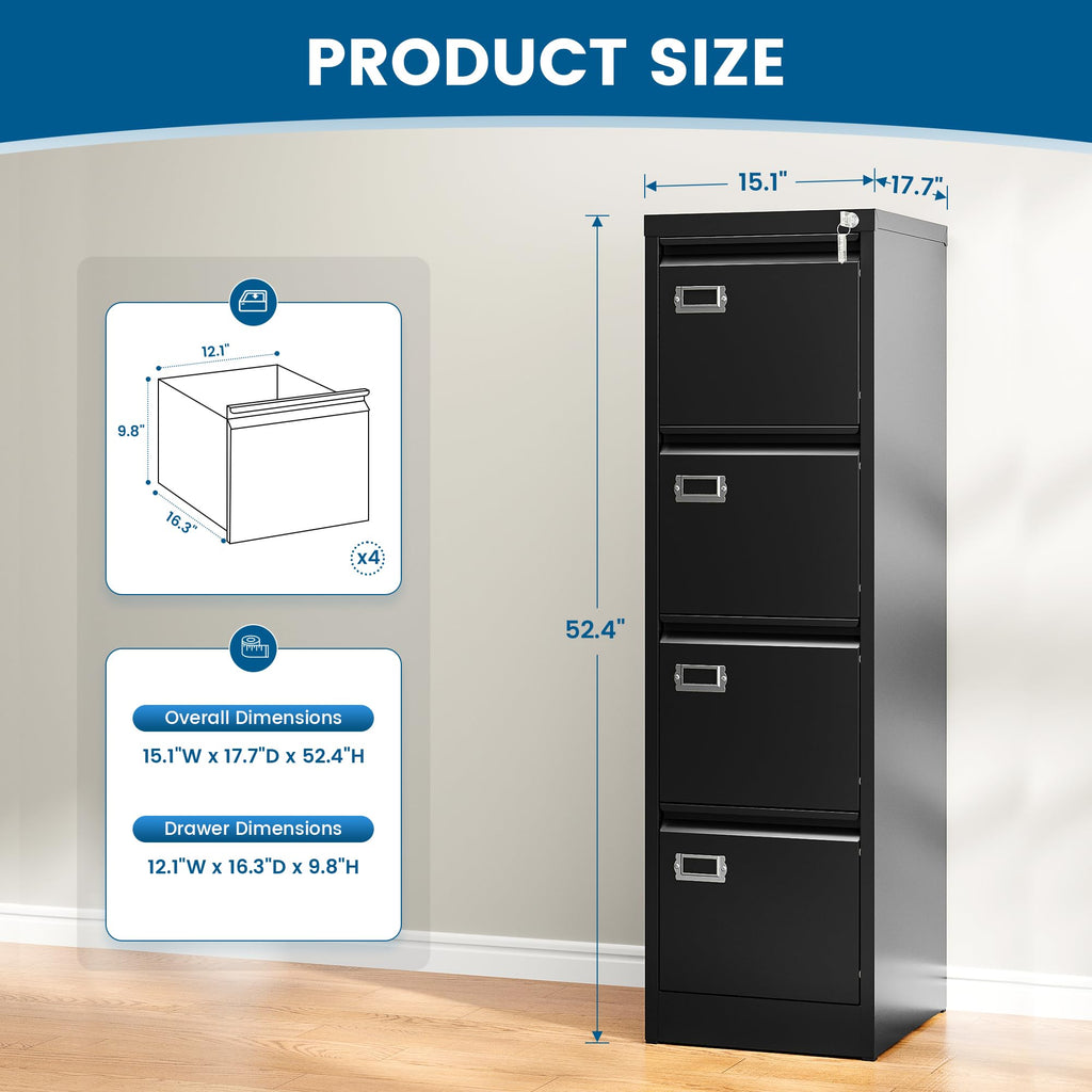 Black 4 Drawer Metal File Cabinet with Lock E401642