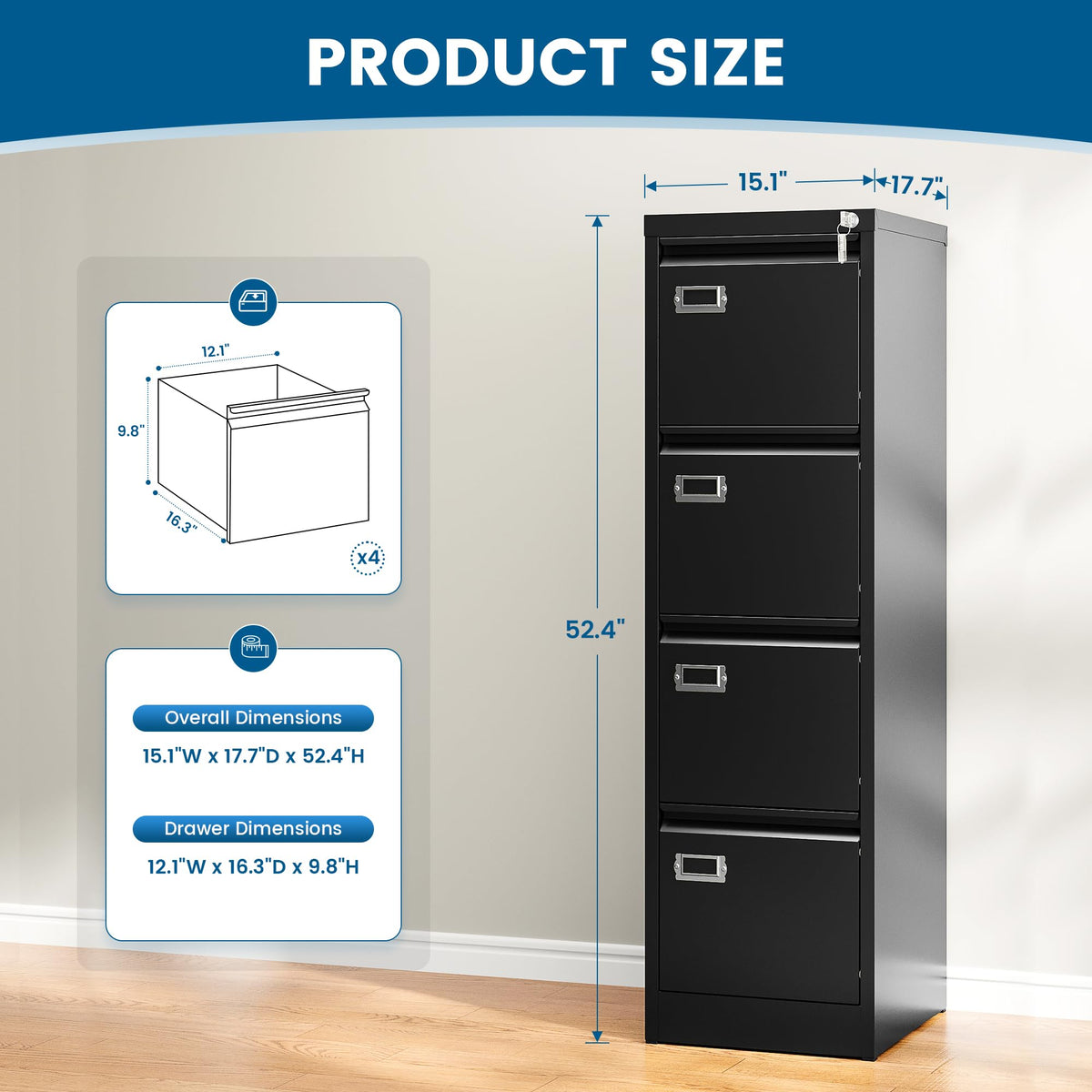 Black 4 Drawer Metal File Cabinet with Lock E401642