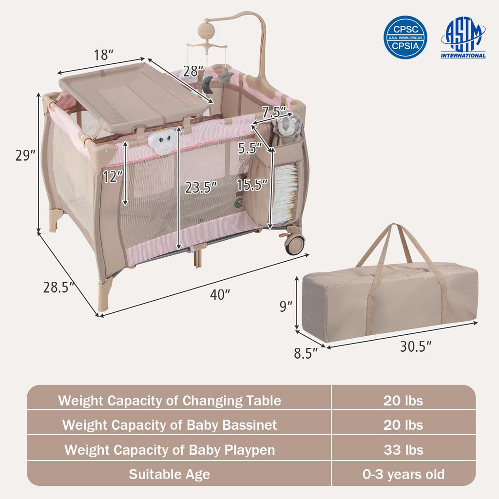 3 in 1 Portable Baby Playard with Bassinet and Changing Table U6319