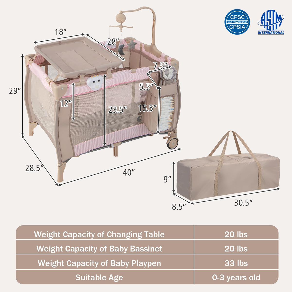 3 in 1 Portable Baby Playard with Bassinet and Changing Table U6319