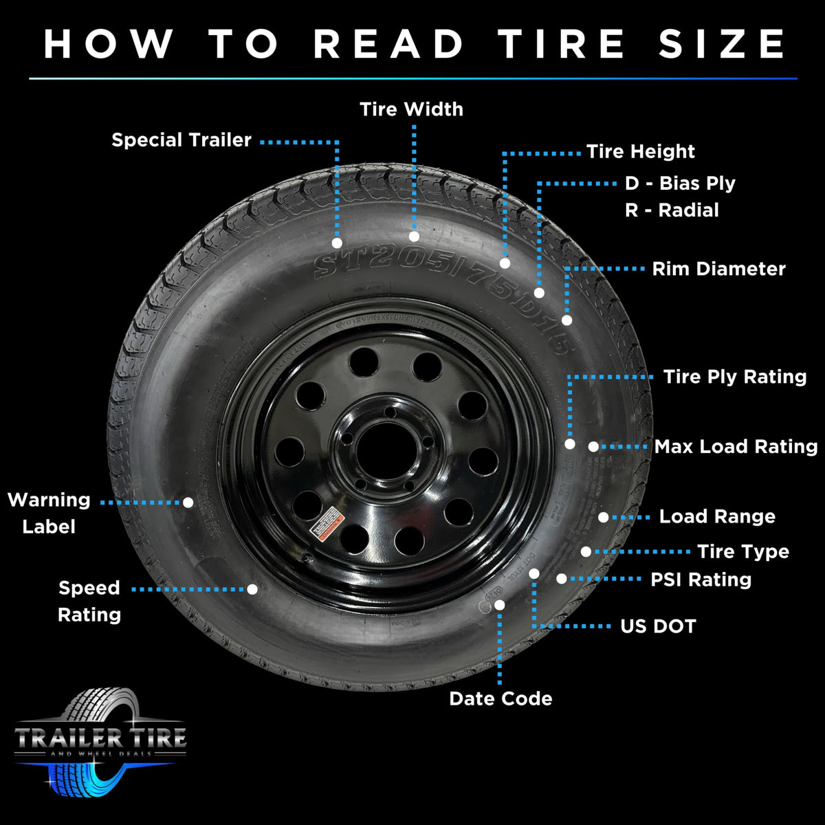 ST205/75R15 Trailer Tire on Rim Load Range C 6 Ply 5 Lug White Spoke Wheel F95217