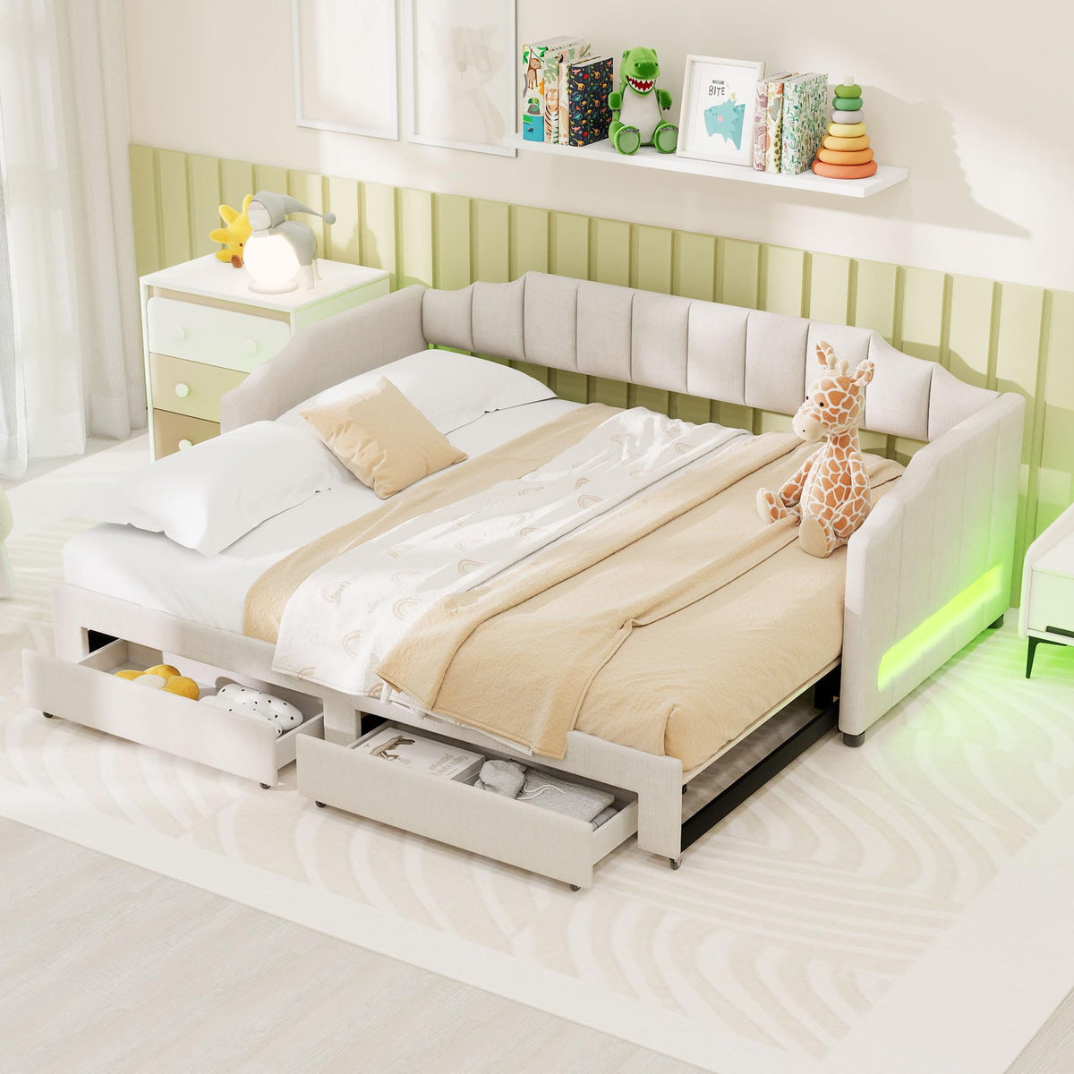 Twin XL Upholstered Daybed with Trundle and 2 Drawers J396953