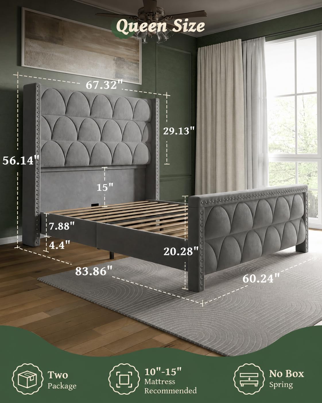Queen Size Velvet Upholstered Platform Bed Frame C207475