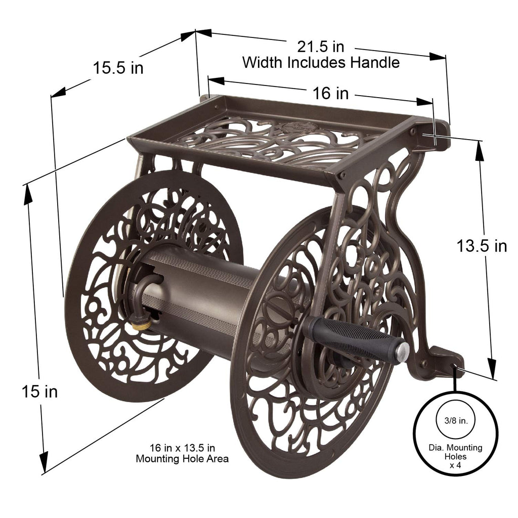 Cast Aluminum Wall Mount Hose Reel, Holds 125-Feet of 5/8-Inch Hose - Bronze D77741