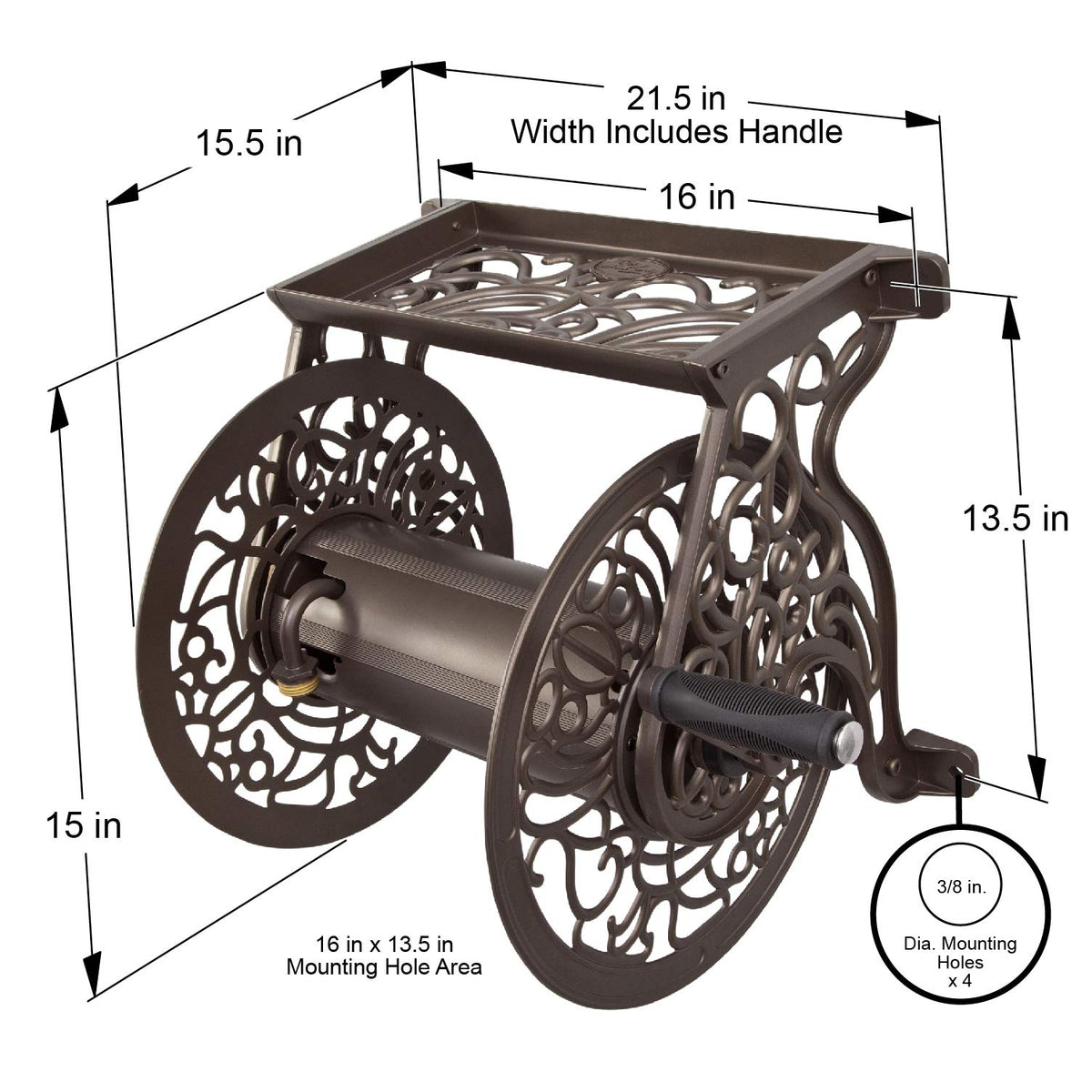 Cast Aluminum Wall Mount Hose Reel, Holds 125-Feet of 5/8-Inch Hose - Bronze D77741