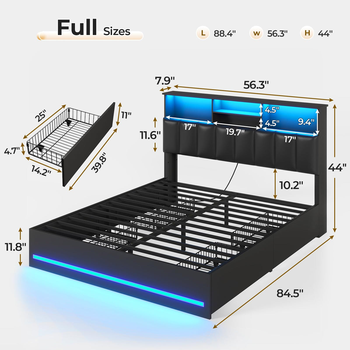 Black Full Size Wood Bed Frame with Bookcase Headboard and 4 Storage Drawers S59049