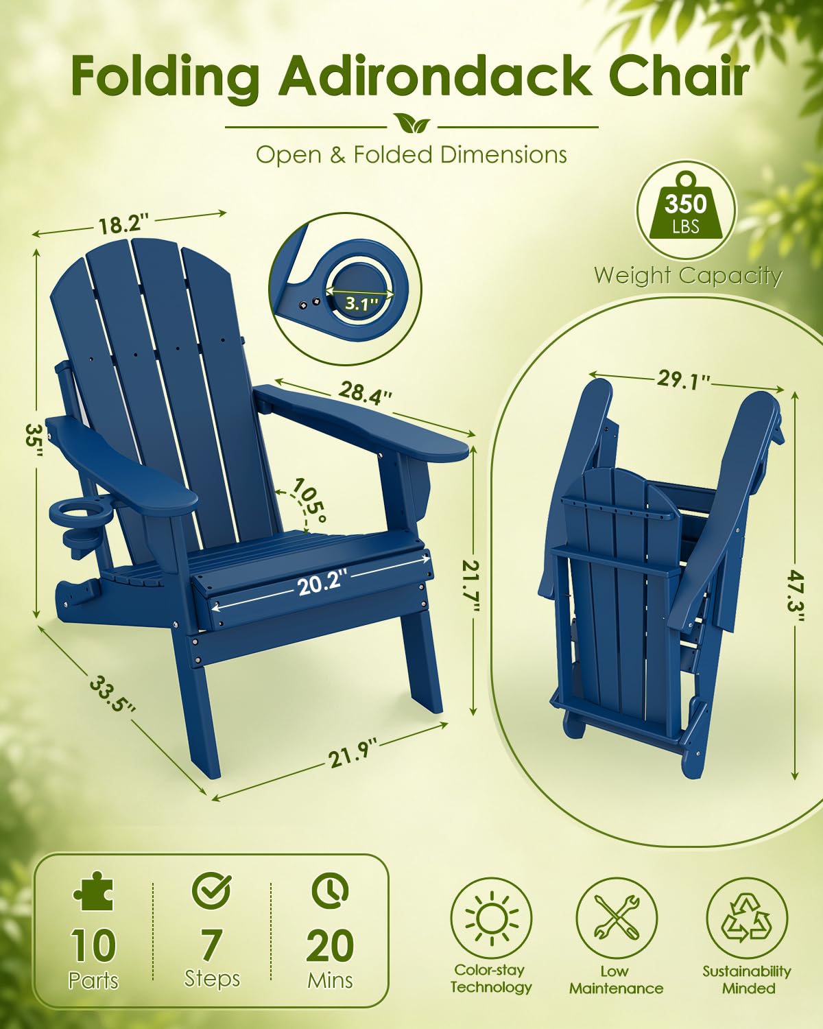 Blue 3-Piece Folding Adirondack Chair Set with Side Table HDPE Y7962