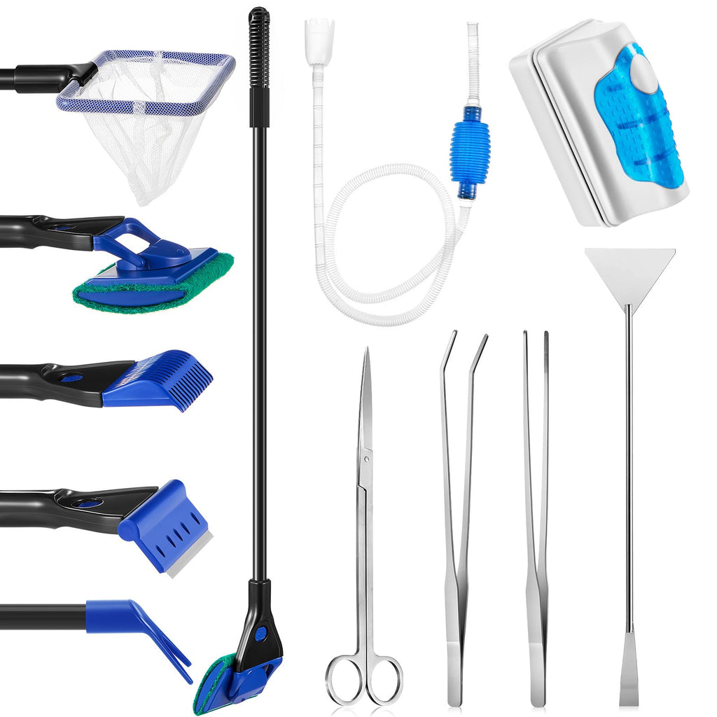 Aquarium Fish Tank Cleaning Tool Kit 4 Pcs Long Aquascape Tools Magnetic Glass Cleaner Brush 5 in 1 Gravel Cleaner and Siphon Vacuum G778