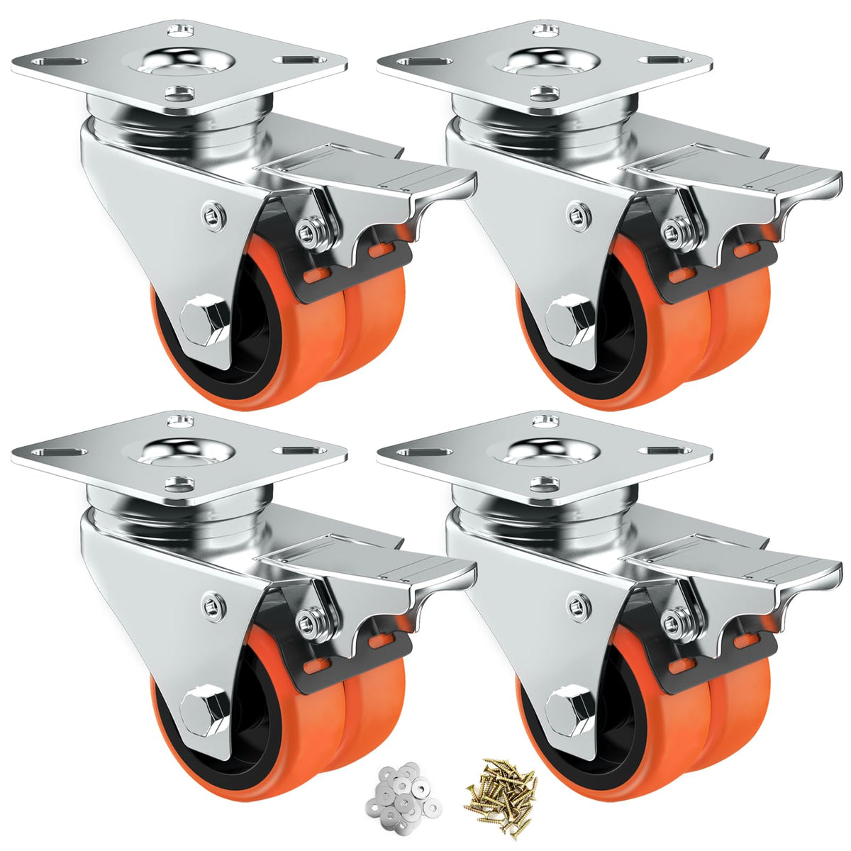 2" Double Wheel Casters with Brake 4 Pack Q854