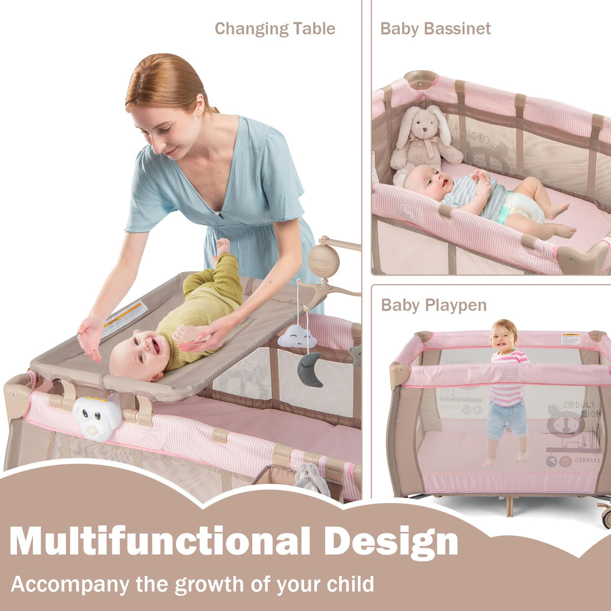 3 in 1 Portable Baby Playard with Bassinet and Changing Table U6319