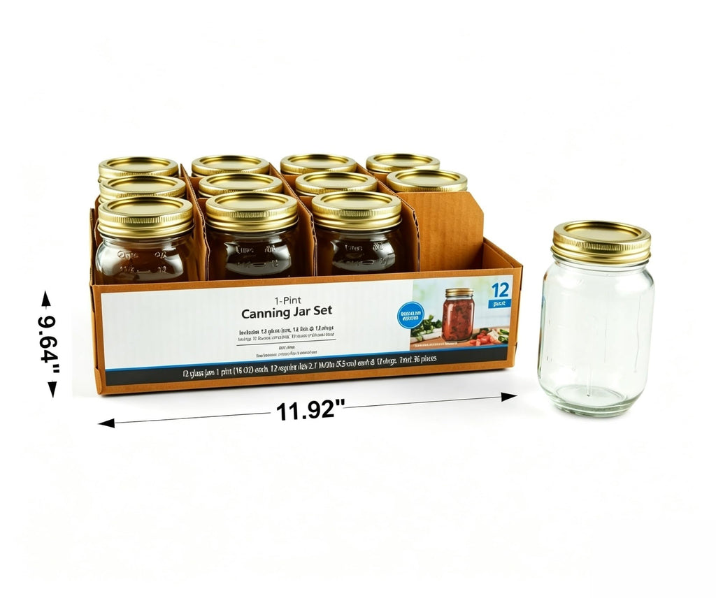 16 oz Regular Mouth Glass Canning Jars with Lids and Rings, 12-Pack M55124
