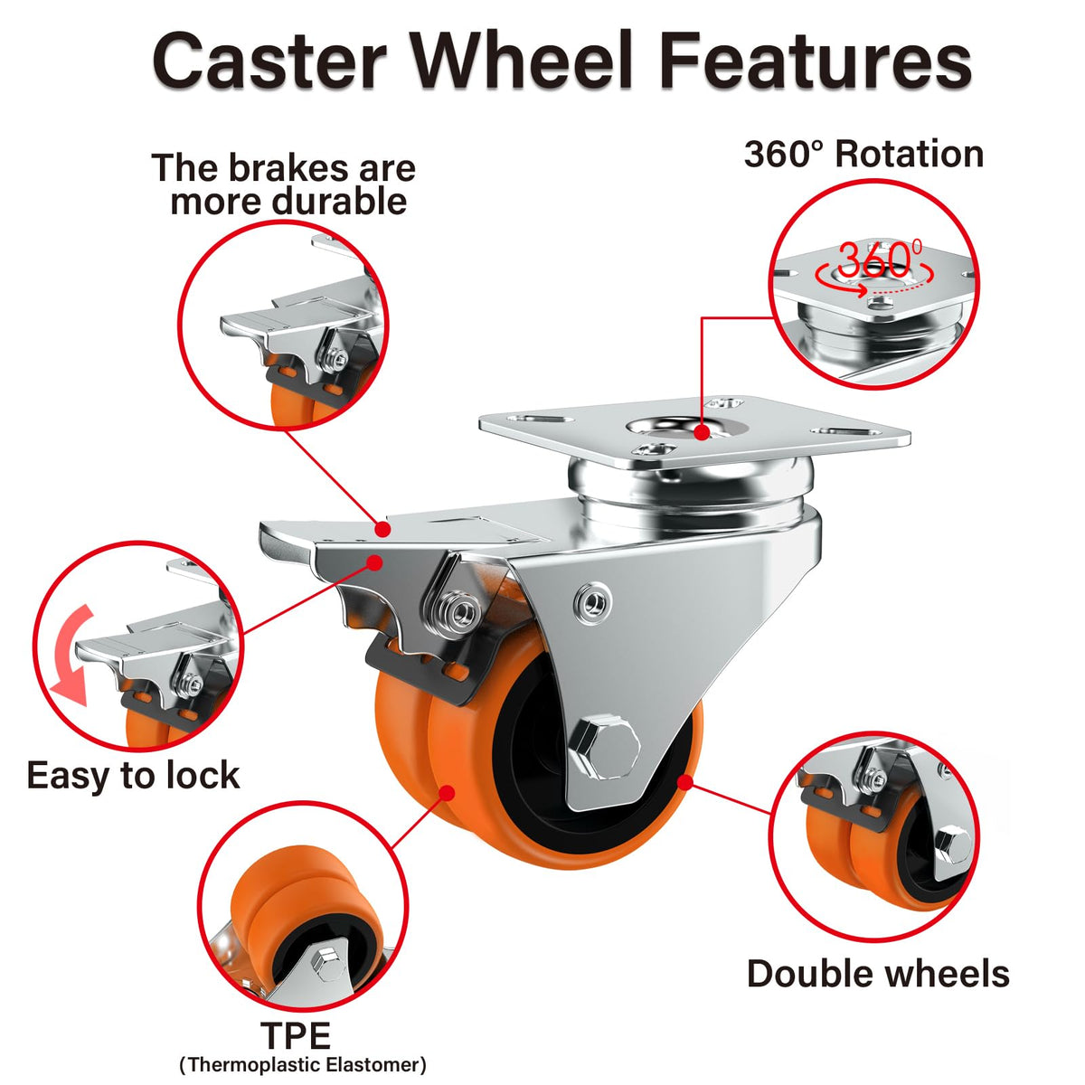 2" Double Wheel Casters with Brake 4 Pack Q854