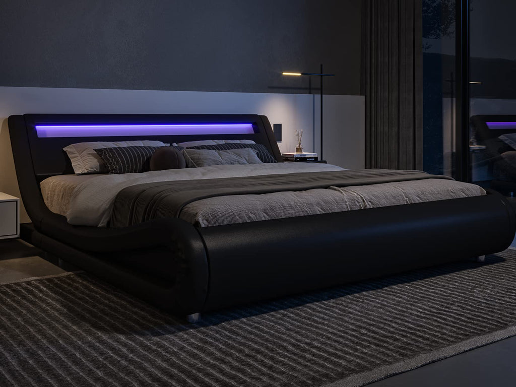 Queen Size LED Platform Bed Frame with Adjustable Headboard, Black G410