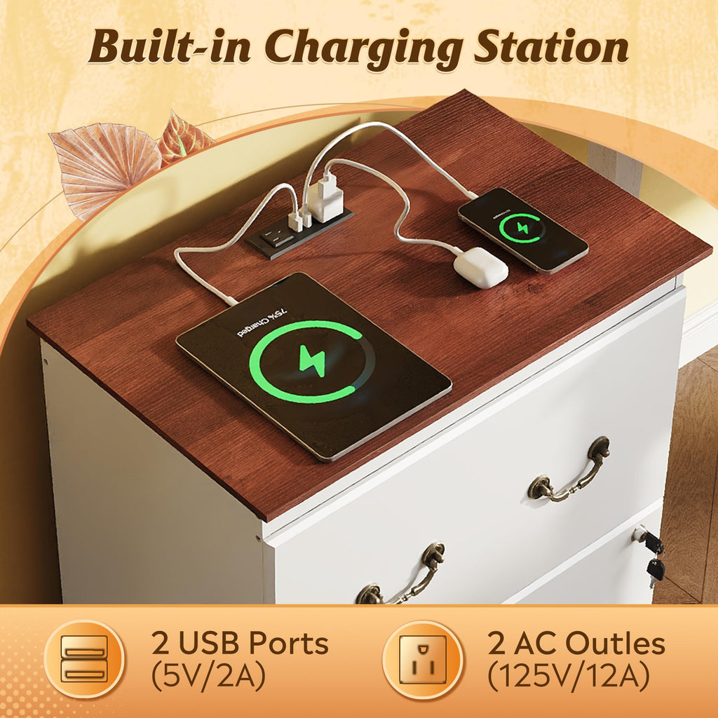 White 2 Drawer Wood File Cabinet with Charging Station and Lock D393