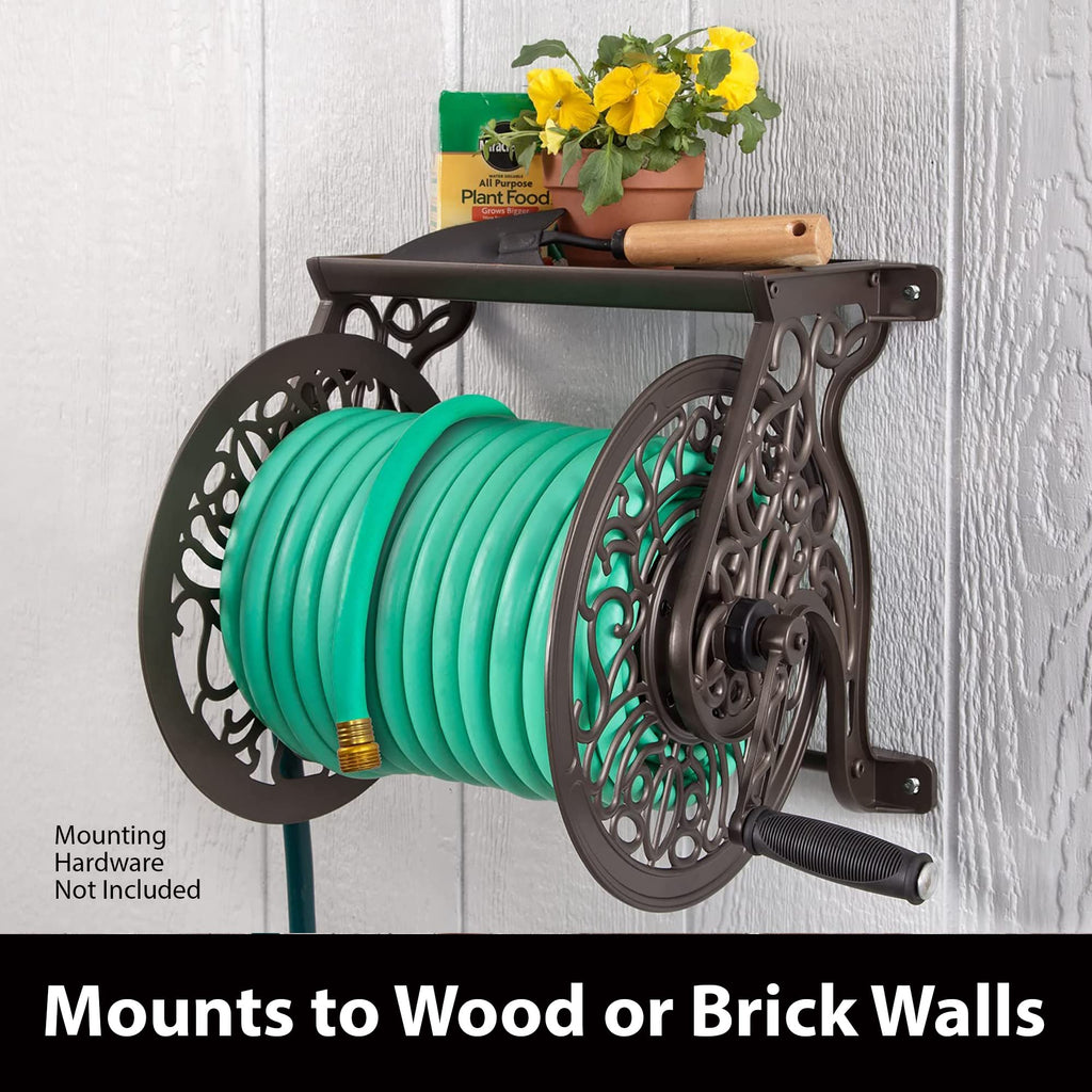 Cast Aluminum Wall Mount Hose Reel, Holds 125-Feet of 5/8-Inch Hose - Bronze D77741