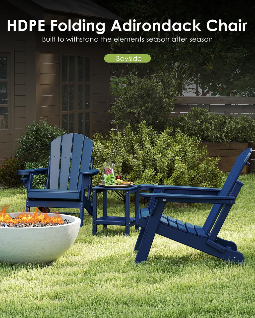 Blue 3-Piece Folding Adirondack Chair Set with Side Table HDPE Y7962