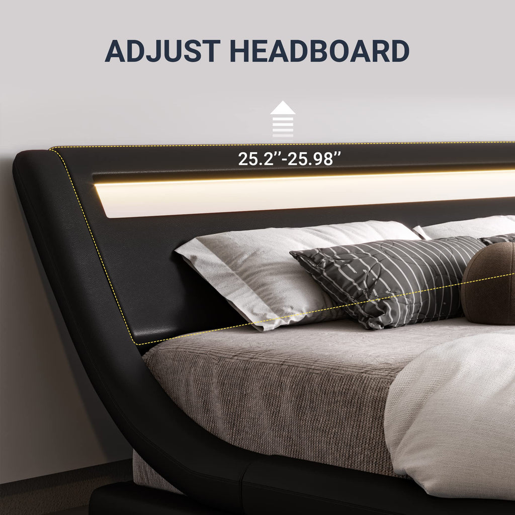 Queen Size LED Platform Bed Frame with Adjustable Headboard, Black G410