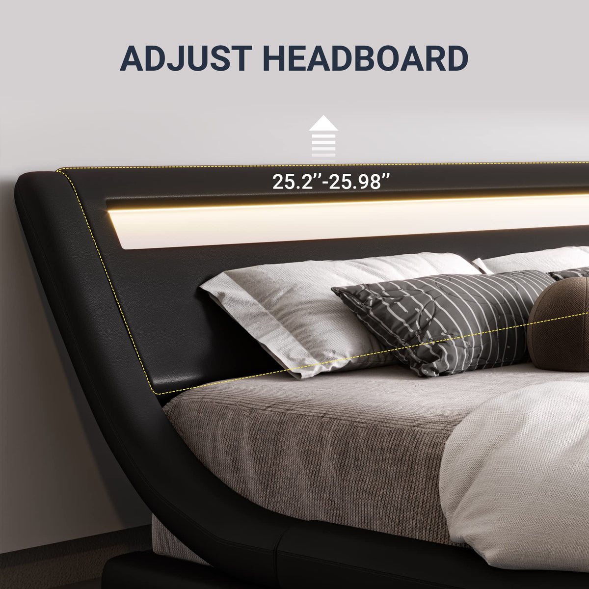 Queen Size LED Platform Bed Frame with Adjustable Headboard, Black G410