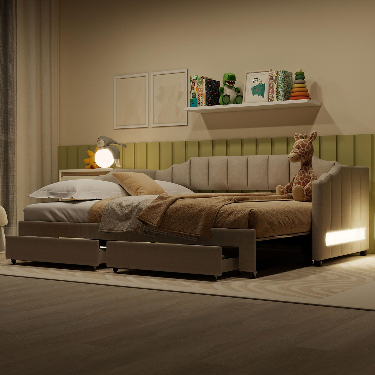 Twin XL Upholstered Daybed with Trundle and 2 Drawers J396953