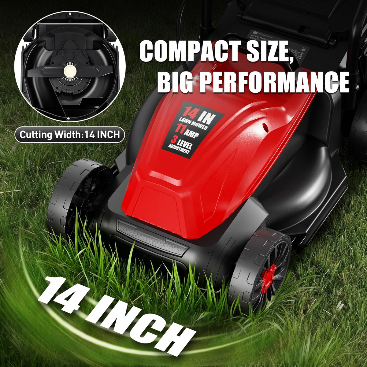 14" Corded Lawn Mower, 3-Height, 2-in-1 Mulch & Bag H671